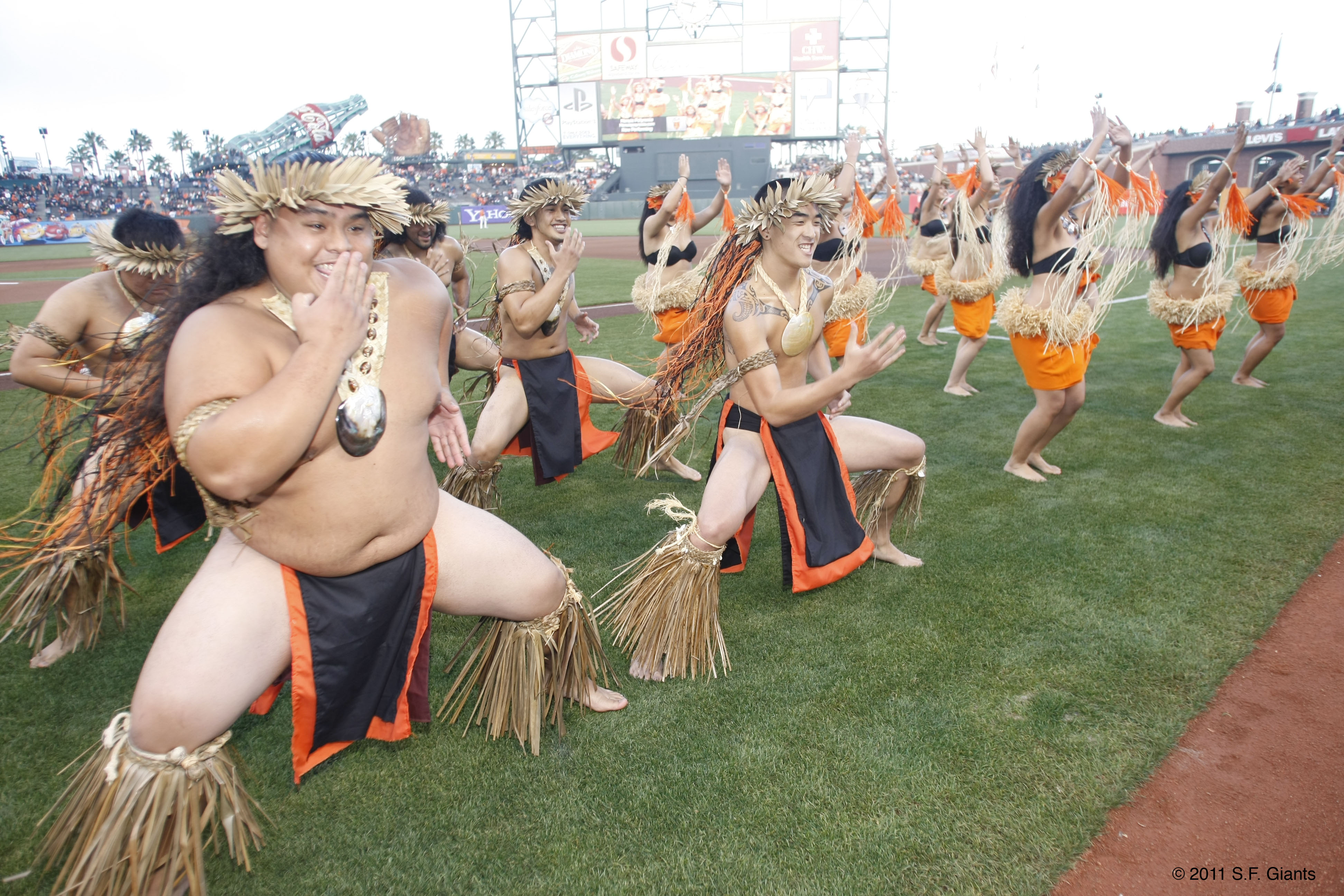 Manuia Polynesian Revue performing on field for the San Francisco Giants Polynesian Heritage Night Pre-Game Show
