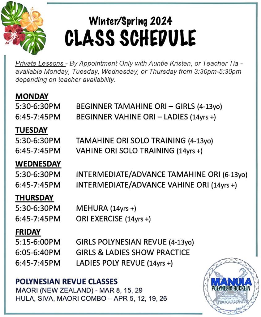 Manuia Rocklin Chapter - Class Schedule/Times