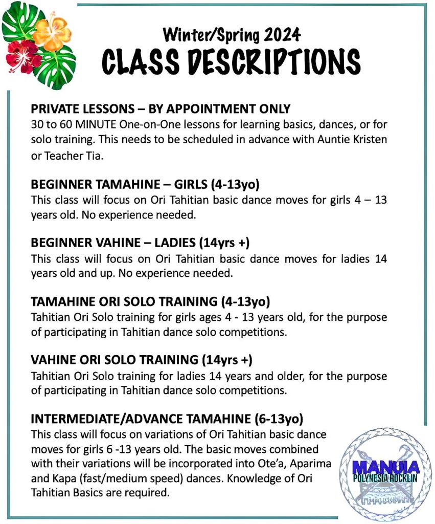 Manuia Rocklin Chapter - Class Descriptions Page 1